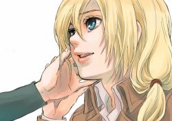 Rule 34 | 1girl, blonde hair, blue eyes, krista lenz, ganyapin, hair between eyes, hand on another&#039;s cheek, hand on another&#039;s face, looking up, low ponytail, parted lips, portrait, shingeki no kyojin, short hair, white background