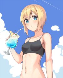 Rule 34 | 1girl, alternate costume, bendy straw, blonde hair, blue eyes, blue sky, blush, breasts, cloud, cowboy shot, day, drinking straw, erica hartmann, food, from below, fruit, lemon, lemon slice, looking at viewer, momiji7728, navel, sky, small breasts, solo, sports bra, strawberry, strike witches, tropical drink, world witches series
