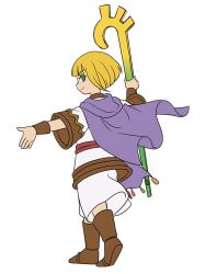 Rule 34 | 05a7w, 1girl, blonde hair, boots, cape, closed mouth, full body, golden sun, green eyes, highres, holding, holding staff, looking at viewer, sheba (golden sun), short hair, simple background, smile, solo, staff, white background