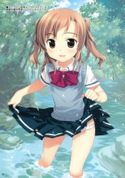 Rule 34 | 1girl, absurdres, bow, brown hair, clothes lift, day, female focus, highres, long hair, nature, open mouth, original, outdoors, panties, pleated skirt, school uniform, short sleeves, skirt, skirt lift, sky, solo, splashing, stream, sweater vest, tree, twintails, two side up, underwear, wading, water, white panties, yan-yam