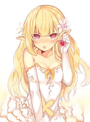 Rule 34 | 1girl, :o, arm up, bare shoulders, blonde hair, blush, breasts, collarbone, dress, earrings, flower, hair flower, hair ornament, heart, heart earrings, jewelry, kurasuke, long hair, looking at viewer, open mouth, orange ribbon, original, pink eyes, pink flower, pointy ears, ribbon, small breasts, solo, v-shaped eyebrows, very long hair, white background, white dress
