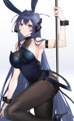 Rule 34 | 1girl, ahoge, animal ears, armband, armpits, azur lane, blue eyes, blue hair, blue leotard, blush, breasts, cleavage, collarbone, fake animal ears, fake tail, hair intakes, headgear, high heels, highres, large breasts, leotard, looking at viewer, new jersey (azur lane), new jersey (exhilarating steps!) (azur lane), pantyhose, playboy bunny, pole, ponytail, rabbit ears, raitho, see-through, see-through cleavage, smile, solo, stripper pole, tail, white background, wrist cuffs