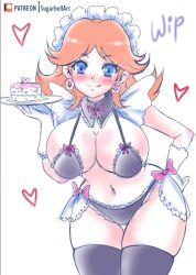 Rule 34 | 1girl, alternate costume, artist name, bikini, black bikini, black choker, black thighhighs, blue eyes, blush, bow, bow bikini, bow choker, breasts, cake, choker, cleavage, closed mouth, detached collar, earrings, enmaided, eyelashes, flipped hair, flower earrings, food, gloves, hand on own hip, hand up, heart, holding, holding plate, jewelry, large breasts, leaning forward, licking, licking lips, lips, looking at viewer, maid, maid bikini, maid headdress, mario (series), medium hair, navel, nintendo, orange hair, parted bangs, patreon logo, patreon username, pink bow, plate, princess daisy, simple background, skindentation, smile, solo, sugarbell, super mario land, swimsuit, thigh gap, thighhighs, thighs, tongue, tongue out, unconventional maid, unfinished, white background, white gloves, white headwear, wide hips