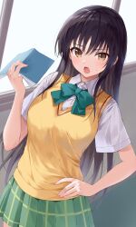 Rule 34 | 1girl, absurdres, arm up, black hair, book, bow, collared shirt, green bow, green skirt, hand on own hip, highres, holding, holding book, indoors, kotegawa yui, long hair, looking at viewer, open mouth, plaid, plaid skirt, pleated skirt, sainan high school uniform, school uniform, shirt, skirt, solo, standing, sweater vest, to love-ru, white shirt, window, yanagi marie, yellow eyes, yellow sweater vest