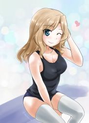Rule 34 | 1girl, ;), abimaru gup, arm between legs, black shirt, blonde hair, blue eyes, blue shorts, breasts, cleavage, closed mouth, commentary, girls und panzer, hair intakes, hand on own head, heart, highres, kay (girls und panzer), long hair, looking at viewer, medium breasts, micro shorts, one-hour drawing challenge, one eye closed, shirt, shorts, sitting, smile, solo, tank top, thighhighs, twitter username, white thighhighs
