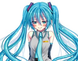 Rule 34 | 1girl, aqua eyes, aqua hair, arms behind back, blush, detached sleeves, hatsune miku, kotobuki0101, long hair, looking down, necktie, simple background, smile, solo, twintails, upper body, very long hair, vocaloid, white background