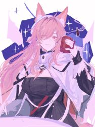 Rule 34 | 1girl, animal ears, arknights, black dress, capelet, commentary, cup, dress, earmuffs, hand up, highres, holding, holding cup, long hair, long sleeves, looking at viewer, mug, official alternate costume, one eye closed, pink eyes, pink hair, pozyomka (arknights), pozyomka (snowy plains in words) (arknights), solo, strapless, strapless dress, upper body, very long hair, weeiskaw, white capelet, wolf ears