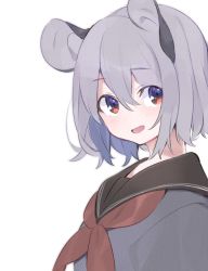 Rule 34 | 1girl, :d, akagashi hagane, alternate costume, animal ears, blush, commentary request, contemporary, grey hair, grey serafuku, hair between eyes, looking at viewer, mouse ears, nazrin, open mouth, red eyes, red neckwear, sailor collar, school uniform, serafuku, short hair, simple background, smile, solo, touhou, upper body, white background