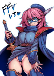 Rule 34 | 1girl, belt, beret, blue eyes, blue mage, breasts, cameltoe, cape, final fantasy, final fantasy v, gluteal fold, hat, headgear, highres, holding, holding weapon, large breasts, lenna charlotte tycoon, long sleeves, mask, pink hair, scarf, short hair, solo, sword, thighhighs, tukiwani, weapon