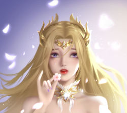 Rule 34 | 1girl, blonde hair, blue background, blue eyes, detached collar, douluo dalu, falling petals, flower, glint, hair ornament, hand up, highres, holding, holding flower, light, light particles, long hair, looking up, petals, qian renxue (douluo dalu), solo, tears, zhang juejue