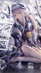 Rule 34 | 1girl, absurdres, black kimono, blurry, blurry foreground, blush, branch, brown eyes, bug, butterfly, closed mouth, commentary, depth of field, dragon horns, fate/grand order, fate (series), floral print, full body, hair between eyes, hand up, highres, horns, insect, japanese clothes, junpaku karen, kimono, kiyohime (fate), kiyohime (third ascension) (fate), long hair, marble (toy), nail polish, no shoes, obi, orb, print kimono, purple nails, sash, signature, silver hair, snow, solo, symbol-only commentary, thighhighs, very long hair, white kimono, white thighhighs