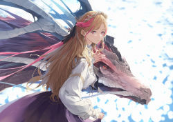 Rule 34 | 1girl, black ribbon, blonde hair, blouse, closed mouth, dragon, earrings, from side, hair ribbon, head wreath, highres, jewelry, long hair, long sleeves, looking at viewer, looking to the side, multicolored hair, original, purple skirt, red eyes, ribbon, shirt, skirt, skirt hold, smile, somehira katsu, streaked hair, white shirt