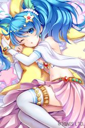 Rule 34 | 1girl, ;o, ayato (kinoto), bad id, bad pixiv id, blue eyes, blue hair, bracelet, bridal gauntlets, company name, dress, earrings, hair ornament, jewelry, lots of jewelry, lying, matching hair/eyes, midriff, hugging object, on side, one eye closed, original, pillow, pillow hug, pink dress, sash, shinki kakusei melty maiden, short hair, solo, star (symbol), star hair ornament, thighhighs, twintails, white thighhighs