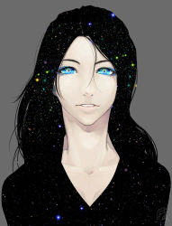 Rule 34 | 1girl, bad id, bad pixiv id, blue eyes, collarbone, grey background, hair between eyes, lips, long hair, original, poaro, signature, simple background, solo, space, star (sky), star (symbol), starry background, v-neck