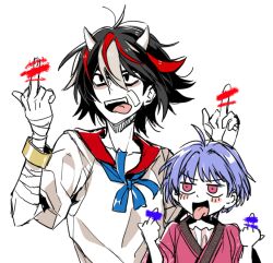 Rule 34 | 2girls, ahoge, bandaged arm, bandages, bar censor, black hair, blush, censored, censored gesture, collarbone, double middle finger, horns, kijin seija, messy hair, middle finger, multicolored hair, multiple girls, purple hair, re ghotion, red eyes, red hair, short hair, simple background, streaked hair, sukuna shinmyoumaru, tongue, tongue out, touhou, upper body, white background