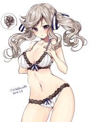 Rule 34 | 1girl, 218, 2018, blonde hair, bra, breast suppress, breasts, collarbone, contrapposto, cowboy shot, cucouroux (granblue fantasy), dated, gluteal fold, granblue fantasy, hair ribbon, hands on own chest, lace, lace-trimmed bra, lace-trimmed panties, lace trim, large breasts, long hair, navel, panties, pout, purple eyes, ribbon, shiny skin, simple background, solo, speech bubble, standing, twintails, twitter username, underwear, underwear only, wavy hair, white background, white bra, white panties