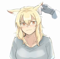 Rule 34 | 1girl, absurdres, animal ear fluff, animal ears, arknights, black gloves, blonde hair, blush, breasts, disembodied hand, ear cleaning, gloves, hair between eyes, highres, horse ears, horse girl, long hair, medium breasts, nearl (arknights), orange eyes, pov, pov hands, seung-aeja, shirt, simple background, solo focus, sweatdrop, tissue, upper body, white background