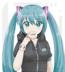 Rule 34 | 1girl, aqua eyes, aqua hair, collarbone, doughnut, female focus, food, hair ornament, hatsune miku, hood, long hair, looking at viewer, mouth hold, novcel, short sleeves, simple background, smile, solo, twintails, vocaloid, white background
