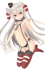 Rule 34 | 10s, 1girl, amatsukaze (kancolle), black panties, black ribbon, breasts, choker, collarbone, eyebrows, fang, full body, gloves, hair tubes, highres, kantai collection, lifebuoy, long hair, long sleeves, looking at viewer, navel, open mouth, panties, ribbon, side-tie panties, silver hair, simple background, single glove, small breasts, smokestack, solo, stomach, swim ring, thighhighs, topless, two side up, underwear, underwear only, very long hair, white background, white gloves, yellow eyes, yuki (yukin0128)