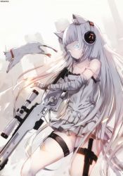 Rule 34 | 1girl, absurdres, ai arctic warfare, animal, animal ear fluff, animal ears, artist name, awp (girls&#039; frontline) (nekoya (liu)), bandaged arm, bandaged hand, bandages, bare shoulders, blue eyes, bolt action, breasts, building, cat, cat ears, closed mouth, collarbone, colored eyelashes, commentary request, dress, frilled dress, frills, girls&#039; frontline, glowing, glowing eyes, gun, headphones, heterochromia, highres, holding, holding gun, holding weapon, knife, long hair, looking away, nekoya (liu), original, revision, rifle, signature, silver hair, sleeveless, sleeveless dress, small breasts, sniper rifle, scope, solo, strap slip, trigger discipline, very long hair, weapon, white cat, white dress, yellow eyes