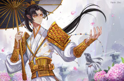Rule 34 | 1boy, 1girl, arm guards, armor, belt, black hair, closed mouth, curtained hair, facial mark, facing away, falling petals, floral print, flower, forehead mark, gold armor, hair bun, half updo, hanh chu, holding, holding umbrella, hydrangea, identity v, japanese clothes, kimono, long hair, long sleeves, looking at object, looking to the side, male focus, michiko (identity v), michiko (manchurian crane) (identity v), mountain, official alternate costume, oil-paper umbrella, outstretched arm, parted bangs, petals, pink flower, pointy ears, ponytail, puffy long sleeves, puffy sleeves, reaching, sash, shoulder armor, single hair bun, smile, standing, stone lantern, umbrella, upper body, white kimono, white tunic, xiao guan (headdress), xie bian, xie bian (far east wind), yellow eyes