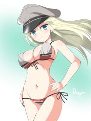Rule 34 | 10s, 1girl, bikini, bismarck (kancolle), blonde hair, blue eyes, blush, breasts, cleavage, deego (omochi bazooka), female focus, hat, kantai collection, large breasts, long hair, looking at viewer, navel, solo, standing, swimsuit