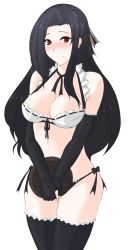 Rule 34 | 1girl, archived source, bare shoulders, bikini, black hair, blush, bow, breasts, cleavage, closed mouth, collarbone, curvy, fingerless gloves, gloves, highres, holding, holding tray, long hair, looking at viewer, mahouka koukou no rettousei, maid, maid bikini, medium breasts, own hands together, red eyes, ribbon, saegusa mayumi, smile, solo, swimsuit, thighhighs, thighs, transparent background, tray, tridisart, unconventional maid, very long hair