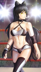 Rule 34 | 1girl, artist name, black hair, blake belladonna, bow, boxing shorts, breasts, cleavage, crowd, elbow pads, fingerless gloves, gloves, highres, long hair, looking to the side, navel, rwby, shiny skin, shorts, single glove, sports bra, stomach, sweat, tank top, yellow eyes