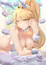 Rule 34 | 1girl, absurdres, ahoge, animal ears, artoria pendragon (all), artoria pendragon (fate), artoria pendragon (swimsuit ruler) (fate), ass, bare shoulders, blonde hair, blush, braid, breasts, cleavage, closed mouth, detached collar, fake animal ears, fate/grand order, fate (series), french braid, green eyes, hair between eyes, highleg, highleg leotard, highres, huge filesize, large breasts, leaning forward, leotard, long hair, looking at viewer, nakagawa kanon (pixiv32798535), playboy bunny, poker chip, ponytail, pot of greed, rabbit ears, sidelocks, smile, tiara, white leotard, wrist cuffs, yu-gi-oh!