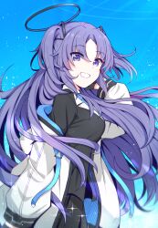 Rule 34 | 1girl, black gloves, black skirt, blue archive, blue necktie, blush, collared shirt, formal, gloves, grin, halo, highres, jacket, karikura (atatata71), long hair, long sleeves, looking at viewer, necktie, pleated skirt, purple eyes, purple hair, shirt, skirt, smile, solo, suit, two-sided fabric, two-sided jacket, two side up, upper body, white shirt, yuuka (blue archive)