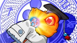 Rule 34 | agumon hakase, artist request, bandai, digimoji, digimon, digimon (creature), eye reflection, glowing, hat, holding, holding orb, lab coat, mortarboard, no humans, official art, orb, reflection, sharp teeth, sleeves past fingers, sleeves past wrists, teeth, x-antibody