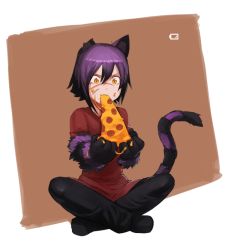 Rule 34 | 1girl, animal ears, animal hands, bad id, bad tumblr id, black hair, cat ears, cat tail, cheshire cat (alice in wonderland), cheshire cat (monster girl encyclopedia), eating, food, food on face, highres, holding, holding food, holding pizza, indian style, laska (less), laska (monster girl encyclopedia), less, missing ear, monster girl encyclopedia, multicolored hair, notched ear, original, pants, pizza, purple hair, red shirt, scar, scar across eye, scar on face, shirt, short hair, sitting, slit pupils, solo, striped, striped tail, tail, tail raised, two-tone hair, yellow eyes