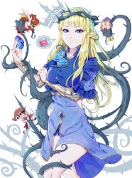 Rule 34 | 1girl, 3boys, blonde hair, blue dress, blue eyes, blue flower, braid, breasts, commentary request, crown of thorns, crusaders quest, dress, flower, frown, gem, holding, large breasts, looking at viewer, multiple boys, solo focus, thighhighs, thorns, wangxiii, zettai ryouiki