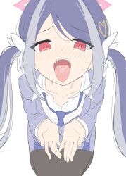 Rule 34 | 1girl, bitseon, black pantyhose, blue archive, blue hair, blue necktie, blush, cupping hands, from above, fubuki (blue archive), grey hair, grey skirt, halo, highres, long hair, looking at viewer, multicolored hair, necktie, open mouth, own hands together, pantyhose, pink halo, red eyes, saliva, shirt, simple background, skirt, solo, tongue, tongue out, twintails, white background, white shirt