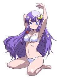 Rule 34 | 1girl, armpits, arms up, bare legs, bare shoulders, barefoot, bikini, blue eyes, bow, breasts, cleavage, crescent, crescent hair ornament, female focus, front-tie top, full body, hair bow, hair ornament, iwatobi hiro, long hair, looking at viewer, navel, no headwear, patchouli knowledge, purple hair, shiny skin, sidelocks, simple background, solo, swimsuit, touhou, very long hair, white background, white bikini