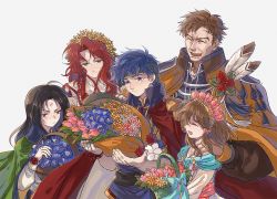 Rule 34 | 2girls, 3boys, bad id, bad pixiv id, basket, black hair, blue eyes, blue hair, bow, brother and sister, brown hair, cape, closed eyes, closed mouth, facial mark, father and daughter, father and son, feathers, fire emblem, fire emblem: path of radiance, fire emblem heroes, flower, flower basket, forehead mark, from side, green eyes, green headband, greil, hand on another&#039;s shoulder, head wreath, headband, ike (fire emblem), kmkr, long hair, long sleeves, md5 mismatch, mist (fire emblem), multiple boys, multiple girls, nintendo, open mouth, red eyes, red hair, resolution mismatch, short hair, siblings, simple background, smile, soren (fire emblem), source larger, titania (fire emblem), white background