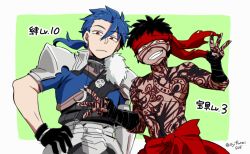 Rule 34 | 2boys, angra mainyu (fate), asaya minoru, black gloves, black hair, blue hair, blue jacket, brown eyes, closed mouth, commentary request, cu chulainn (fate), cu chulainn (fate) (all), cu chulainn (fate/prototype), dark-skinned male, dark skin, double w, fate/hollow ataraxia, fate/prototype, fate (series), fingerless gloves, full-body tattoo, fur trim, gloves, green background, grey background, grin, hair between eyes, hand on own hip, jacket, long hair, low ponytail, male focus, multiple boys, ponytail, red eyes, short sleeves, smile, tattoo, topless male, translation request, twitter username, two-tone background, w