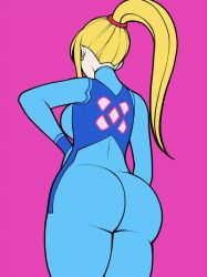 Rule 34 | 1girl, animated, animated gif, ass, ass shake, blonde hair, blue bodysuit, bodysuit, bouncing breasts, breasts, flat color, from behind, hair tie, hand on own hip, high ponytail, jam-orbital, large breasts, metroid, nintendo, pink background, samus aran, sidelocks, skin tight, walking, zero suit