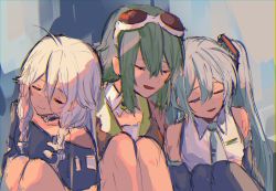 Rule 34 | 3girls, absurdres, ahoge, aqua hair, bare shoulders, closed eyes, eyewear on head, female focus, goggles, goggles on head, green hair, gumi, hatsune miku, highres, ia (vocaloid), knees up, leaning, leaning on person, long hair, multiple girls, necktie, open mouth, short hair, side-by-side, sitting, smile, vocaloid, white hair