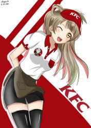 Rule 34 | 1girl, ;), aragaki75, arms behind back, artist name, artist request, black legwear, black pants, black shorts, blush, breasts, brown eyes, brown hair, buttons, collared shirt, female focus, floating hair, grey hair, hair rings, hat, highres, kfc, leaning forward, light brown hair, long hair, looking at viewer, love live!, love live! school idol project, minami kotori, one eye closed, pants, parted lips, ponytail, red hat, shirt, short sleeves, shorts, side ponytail, small breasts, smile, solo, visor cap, white background, white shirt, wink, yellow eyes