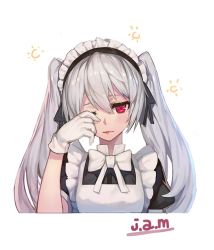 Rule 34 | bad id, bad twitter id, blush, bow, face, gloves, hair between eyes, jam (nandade), maid, maid headdress, one eye closed, original, parted lips, pink lips, red eyes, signature, simple background, sleepy, twintails, white background, white bow, white gloves, white hair
