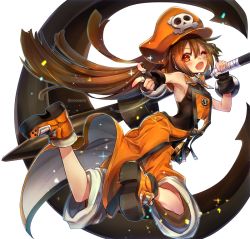 Rule 34 | 1girl, ass, blush, brown hair, full body, guilty gear, guilty gear xrd, hat, long hair, looking at viewer, may (guilty gear), military, military uniform, naval uniform, one eye closed, open mouth, oro (sumakaita), skull, smile, solo, uniform, very long hair, weapon, yellow eyes