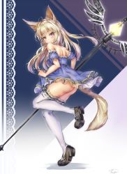 Rule 34 | 1girl, animal ears, artist name, ass, bare back, bare shoulders, black footwear, blonde hair, blue dress, clothes lift, commission, dog ears, dog tail, dress, dress lift, elin, fii fii (feefeeowo), frilled thighhighs, frills, from behind, full body, highres, kneepits, leg up, legs, lifting own clothes, long hair, looking back, mary janes, no panties, red eyes, shoes, short dress, signature, smile, solo, staff, standing, standing on one leg, strapless, strapless dress, tail, tera online, thighhighs, weapon, white thighhighs