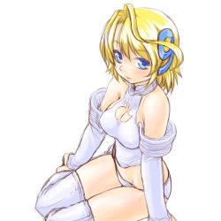Rule 34 | 1girl, apple, apple inc., blonde hair, blue eyes, blue panties, blue shirt, blue thighhighs, blush, breasts, cleavage, cleavage cutout, clothing cutout, covered erect nipples, dd (ijigendd), elbow gloves, food, fruit, gloves, hair ornament, halterneck, large breasts, looking at viewer, macintosh, midriff, number hair ornament, open mouth, os-tan, os9, panties, shirt, short hair, simple background, sitting, sleeveless, sleeveless shirt, smile, solo, thighhighs, underwear, white background