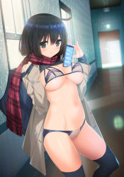 Rule 34 | 1girl, ahoge, backlighting, backpack, bag, black bra, black eyes, black hair, black panties, black shirt, black thighhighs, blurry, blurry background, blush, bra, breasts, brown coat, cellphone, closed mouth, clothes lift, coat, commentary request, covered erect nipples, depth of field, dutch angle, fringe trim, groin, holding, holding phone, kanekiyo miwa, large breasts, legs, light particles, looking at viewer, medium hair, navel, no pants, open clothes, open coat, original, panties, phone, plaid, plaid scarf, red scarf, scarf, see-through, shirt, shirt lift, short hair, smartphone, smile, solo, standing, thighhighs, trench coat, underwear, window