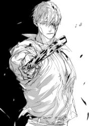 Rule 34 | 1boy, collared shirt, enjin y, expressionless, greyscale, hair over one eye, holding, holding weapon, jujutsu kaisen, looking at viewer, male focus, monochrome, nanami kento, parted lips, scar, scar on face, shirt, short hair, sketch, solo, spoilers, standing, upper body, weapon