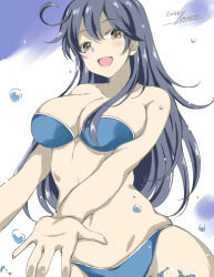 Rule 34 | 1girl, ahoge, bare shoulders, bikini, black hair, blue bikini, blush, breasts, brown eyes, collarbone, dated, gakky, highres, kantai collection, large breasts, long hair, navel, official alternate costume, signature, smile, solo, swimsuit, ushio (kancolle), water drop, white background