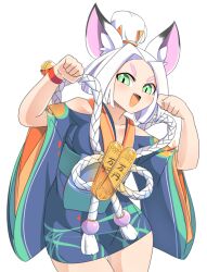 Rule 34 | 1girl, :d, animal ear fluff, animal ears, bell, blue kimono, blush, breasts, character request, coin, commentary request, cowboy shot, fang, gold, green eyes, japanese clothes, jingle bell, kimono, koban (gold), lets0020, looking at viewer, medium breasts, onmyoji, open mouth, parted bangs, paw pose, rope, shimenawa, short hair, simple background, smile, solo, topknot, v-shaped eyebrows, white background, white hair, wide sleeves