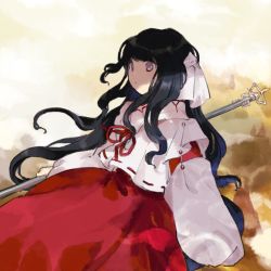 Rule 34 | black hair, commentary request, detached sleeves, girl who trained on mt. haku (touhou), hair ribbon, holding, holding staff, kaigen 1025, long hair, long sleeves, portrait of exotic girls, purple eyes, red skirt, ribbon, shirt, skirt, solo, staff, touhou, very long hair, wavy hair, white ribbon, white shirt, wide sleeves