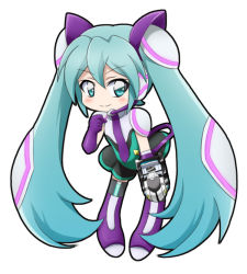 Rule 34 | 1girl, black skirt, black thighhighs, blush, boots, closed mouth, commentary request, elbow gloves, full body, gloves, green eyes, green hair, hair between eyes, hair ornament, hatsune miku (shinkalion), knee boots, leotard, long hair, looking at viewer, mameshiba (pixiv 59310), necktie, purple footwear, purple gloves, purple necktie, shinkalion (series), shinkansen henkei robo shinkalion, simple background, skirt, smile, solo, standing, thighhighs, twintails, very long hair, white background